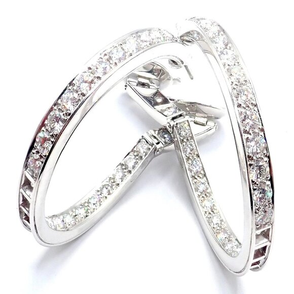 Authentic! Van Cleef & Arpels 18k White Gold Diamond Large Hoop Earrings - Picture 11 of 16